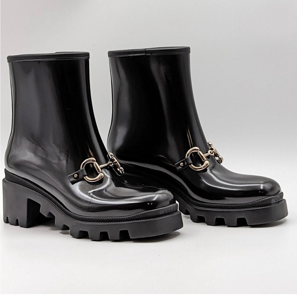 NIB Gucci Women Horsebit Black Rubber Waterproof Platform Lug Boots - Picture 11 of 13